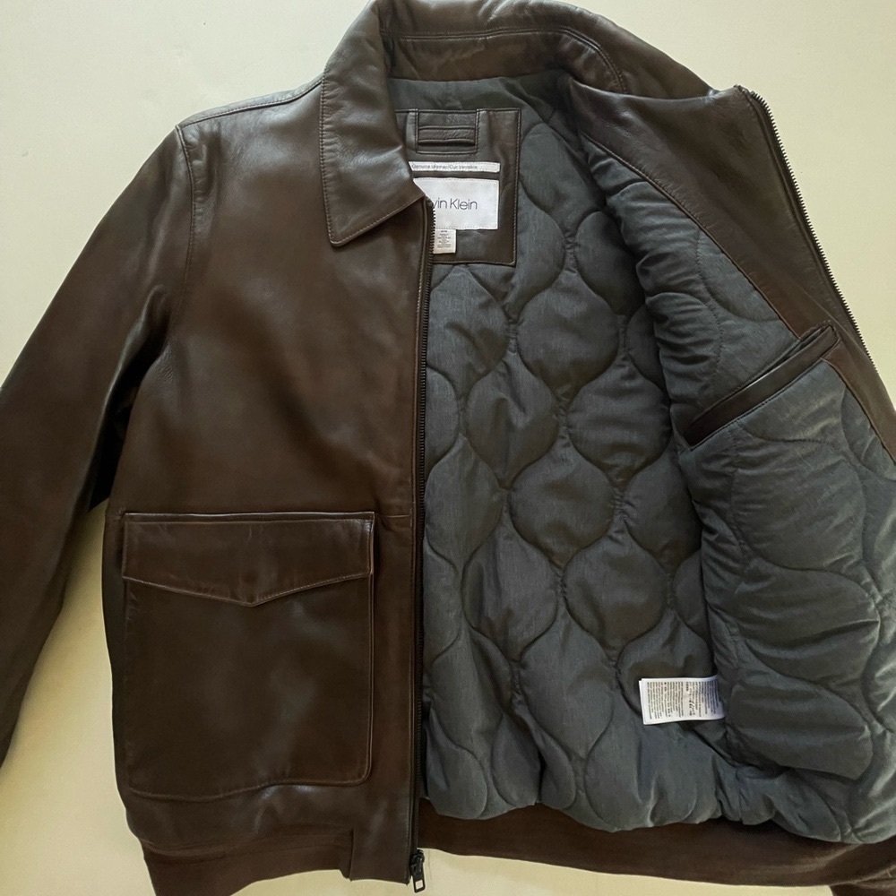 Calvin Klein Mens Bomber Leather Jacket size M dark brown